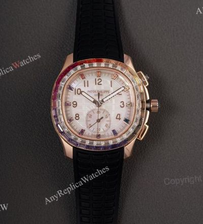 PPMF Patek Philippe Aquanaut Luce Dandong 4130 Movement 39.9mm Rainbow Diamond Bezel Black Band Watch
